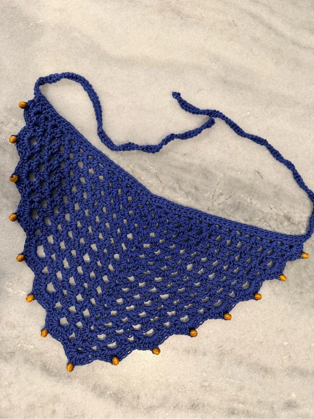 Handmade Crochet Wood Beaded Kerchief Head Scarf Cotton Boho Bandana Cottagecore